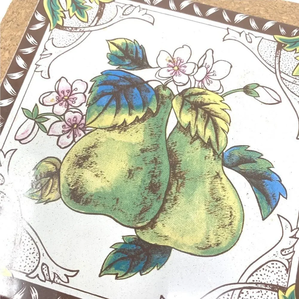 Vintage 1980's Cork Backed Tile Trivet 8 x 8 Botanical Pear Farmhouse Cottage